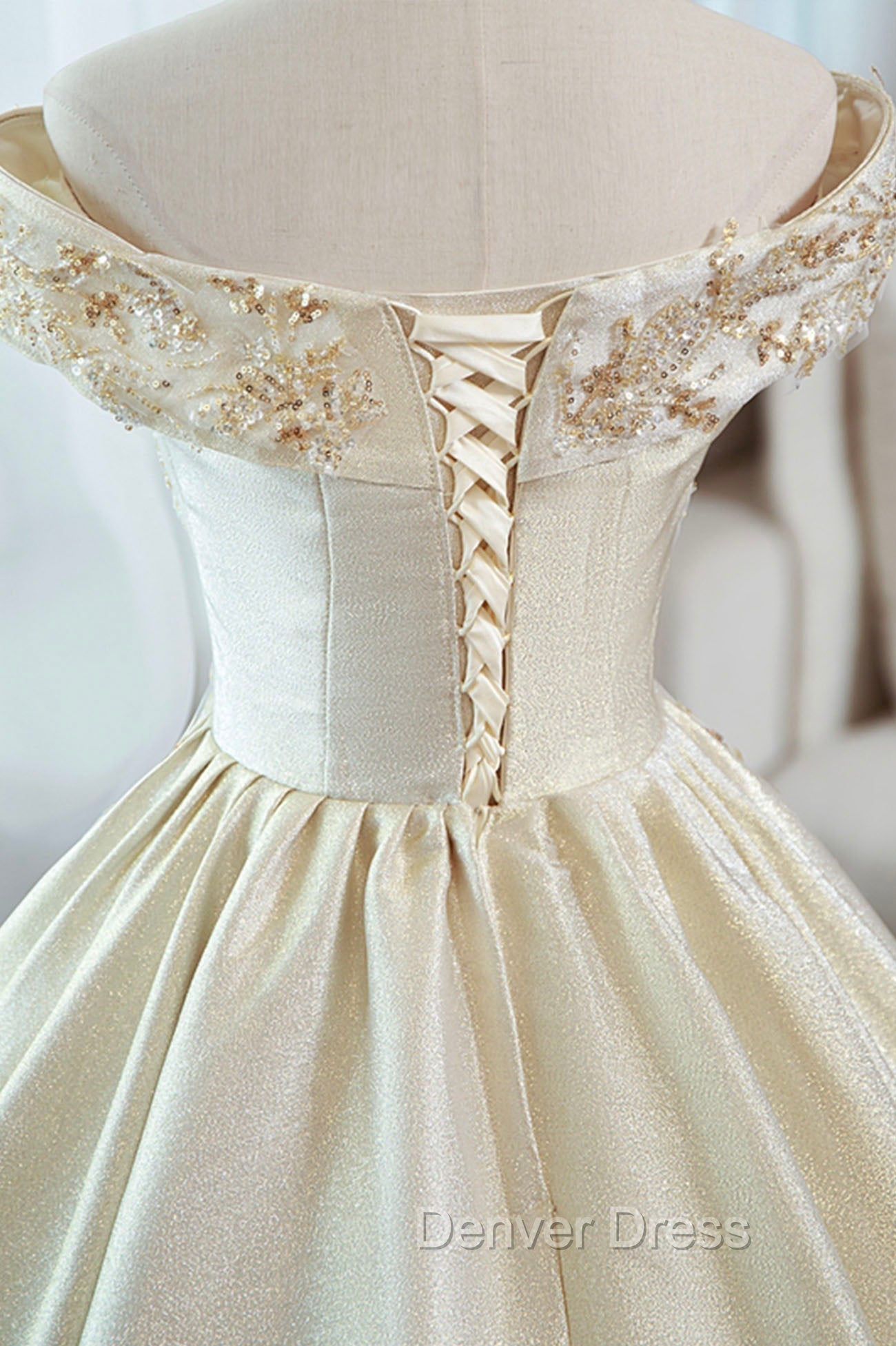 Champagne Satin Long Prom Dresses with Beaded, V-Neck Evening Party Dresses