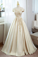 Champagne Satin Long Prom Dresses with Beaded, V-Neck Evening Party Dresses