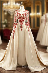 Champagne Satin Long Sleeve Beading Sequins Prom Dresses