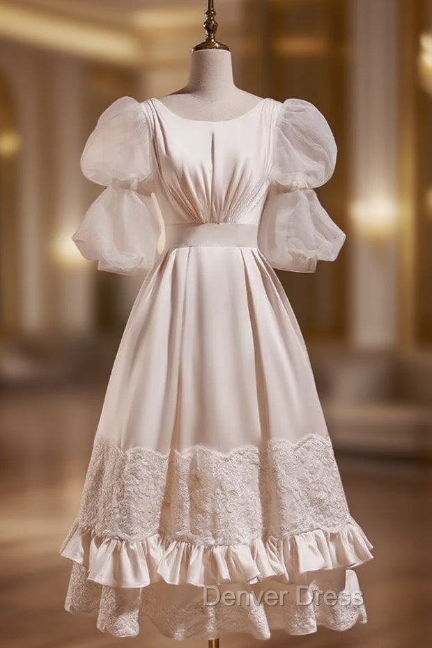 Champagne Satin Long Sleeve High Neck Wedding Dresses Main image