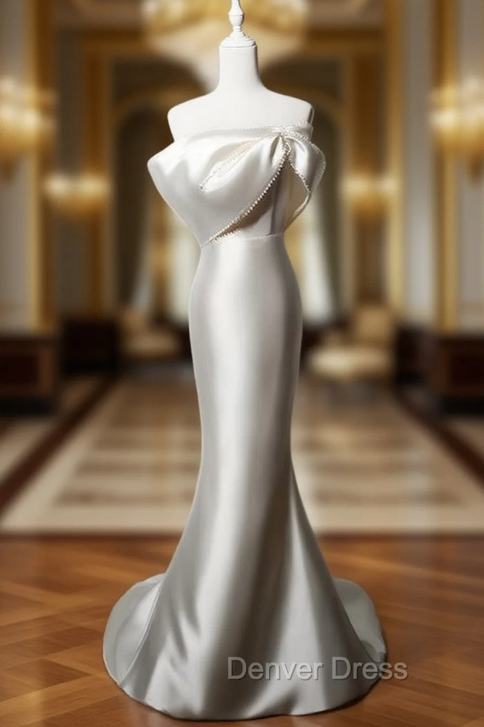 Champagne Satin Mermaid Pearls Wedding Dresses