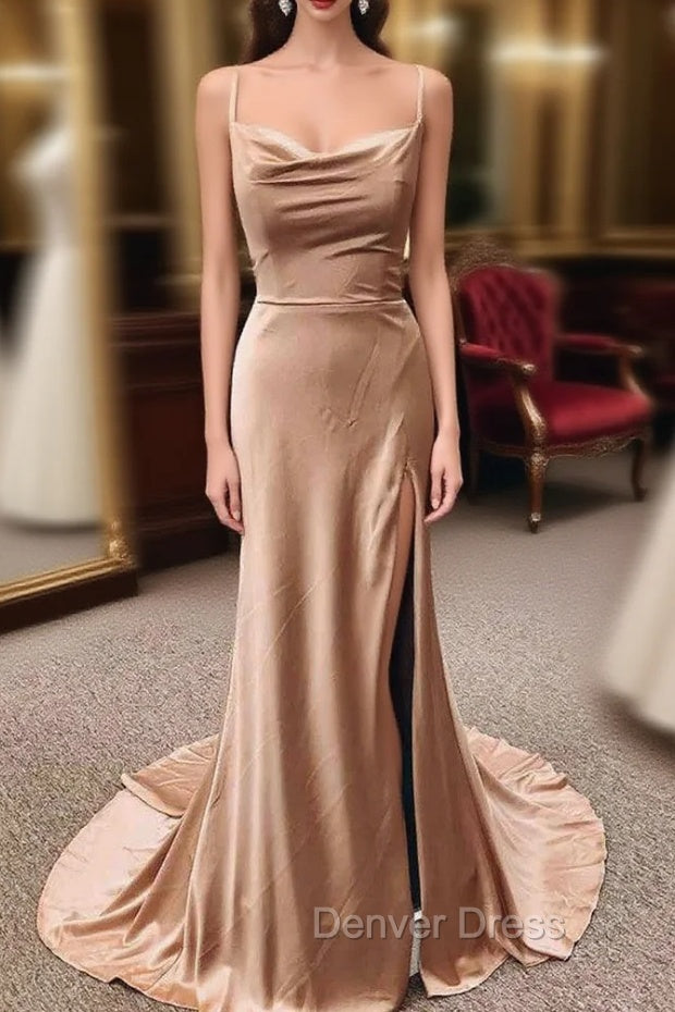 Champagne Satin Mermaid Spaghetti Straps Prom Dresses