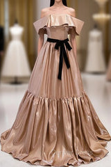 Champagne Satin Off the Shoulder Prom Dresses With Bow