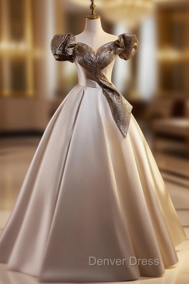 Champagne Satin Off the Shoulder Puff Sleeve Prom Dresses