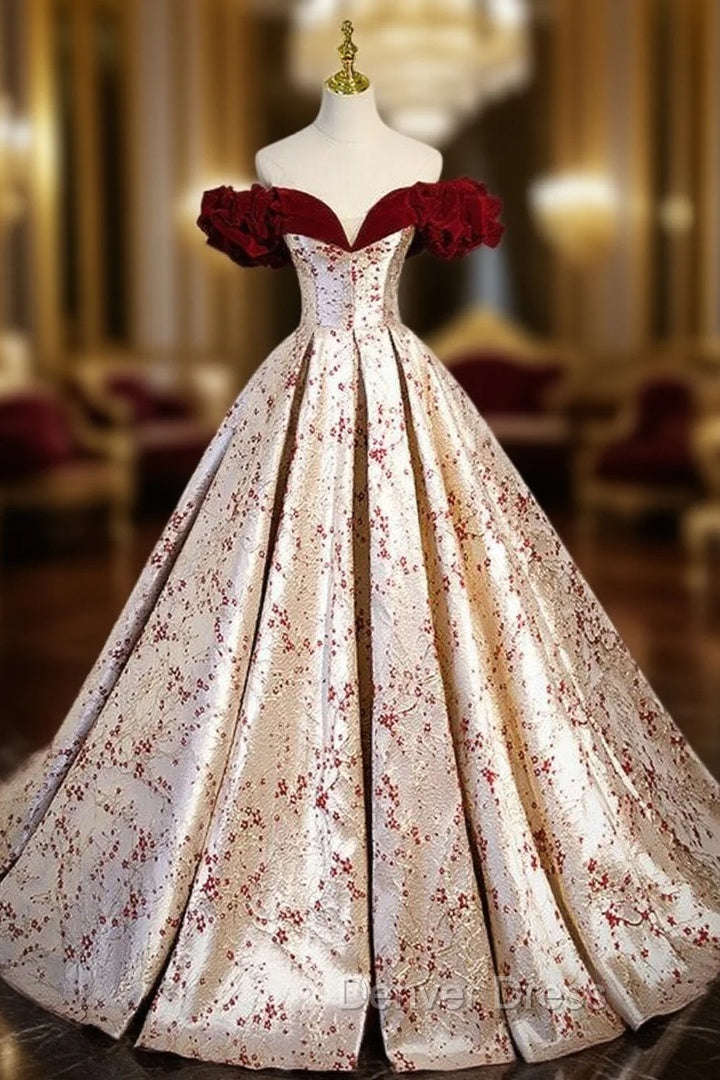 Champagne Satin Print Burgundy Velvet Prom Dresses