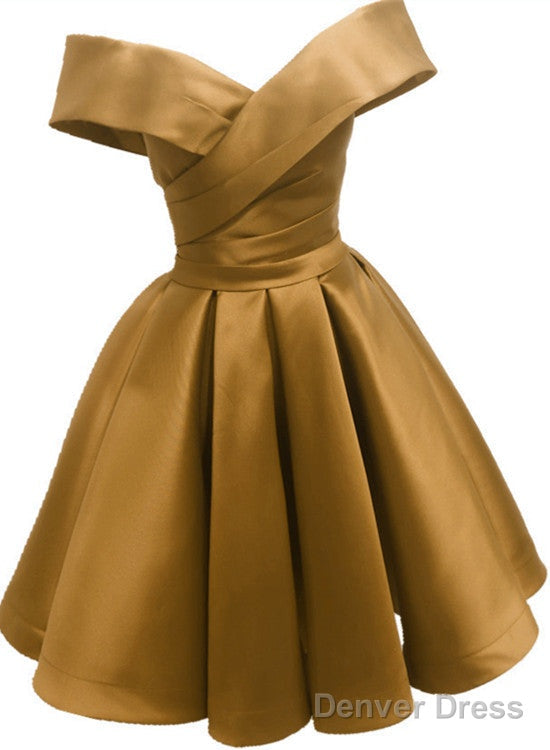 Champagne Satin Short Off Shoulder Bridesmaid Dress, Cute Short Homecoming Dress Prom Dresses Main image