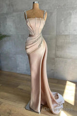 Champagne Satin Straps Beading Mermaid Prom Dress