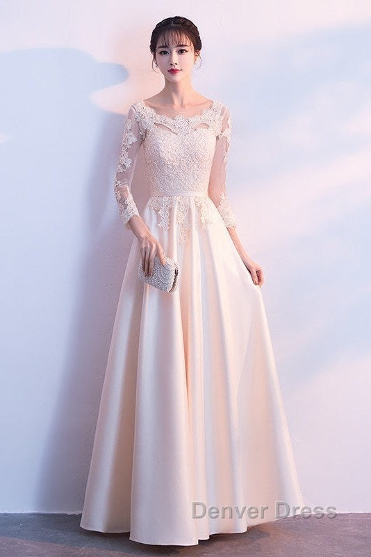 Champagne Satin With Lace Long Sleeves Prom Dress Prom Dress, A-Line Simple Bridesmaid Dresses Secondary image