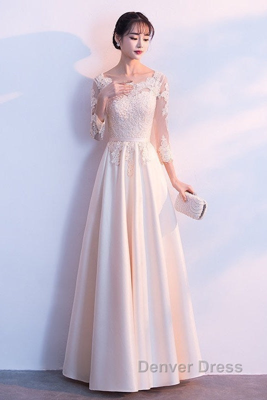Champagne Satin With Lace Long Sleeves Prom Dress Prom Dress, A-Line Simple Bridesmaid Dresses