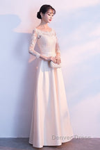 Champagne Satin With Lace Long Sleeves Prom Dress Prom Dress, A-Line Simple Bridesmaid Dresses