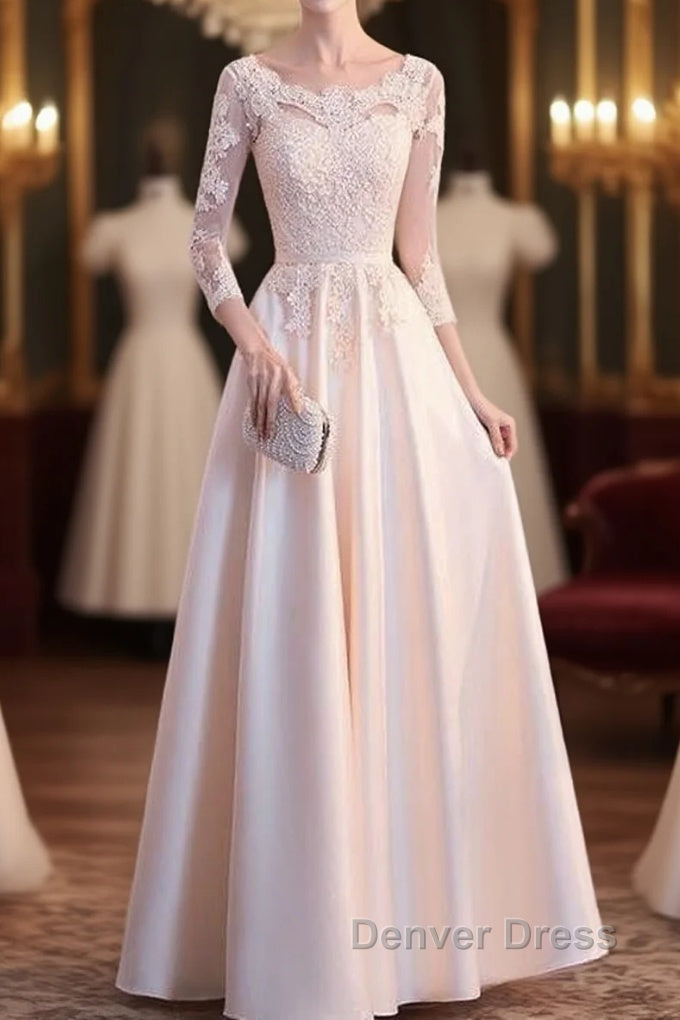 Champagne Satin With Lace Long Sleeves Prom Dress Prom Dress, A-Line Simple Bridesmaid Dresses Main image