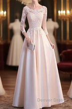 Champagne Satin With Lace Long Sleeves Prom Dress Prom Dress, A-Line Simple Bridesmaid Dresses