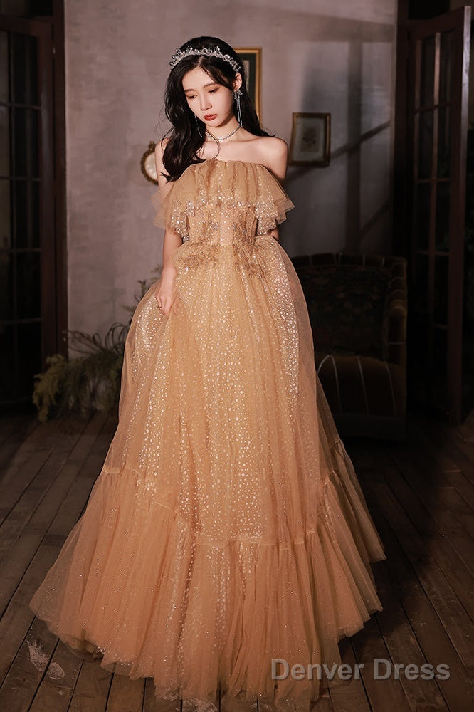 Champagne Scoop Tulle With Lace Applique Long Party Dress, A-Line Prom Dress