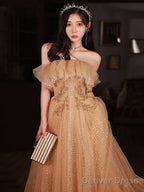 Champagne Scoop Tulle With Lace Applique Long Party Dress, A-Line Prom Dress