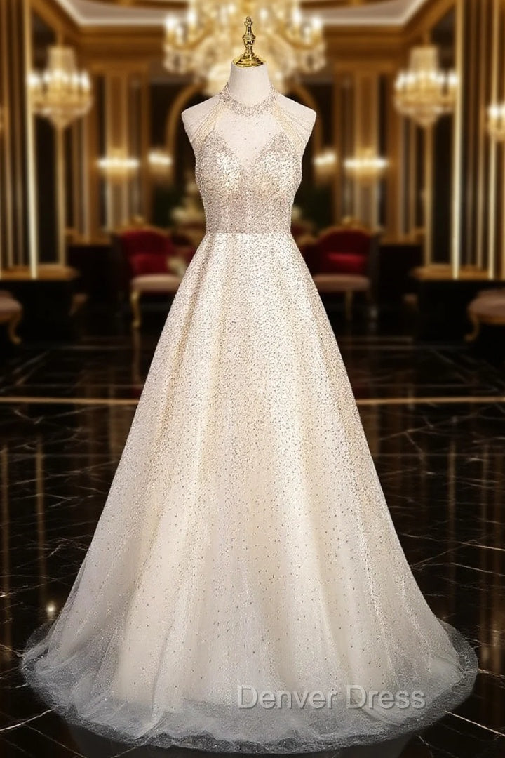 Champagne Sequins Backless Beading Prom Dresses