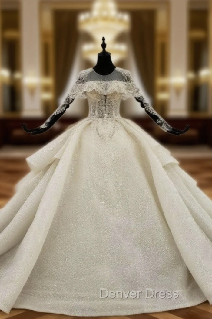 Champagne Sequins Backless Long Sleeve Beading Wedding Dresses Main image