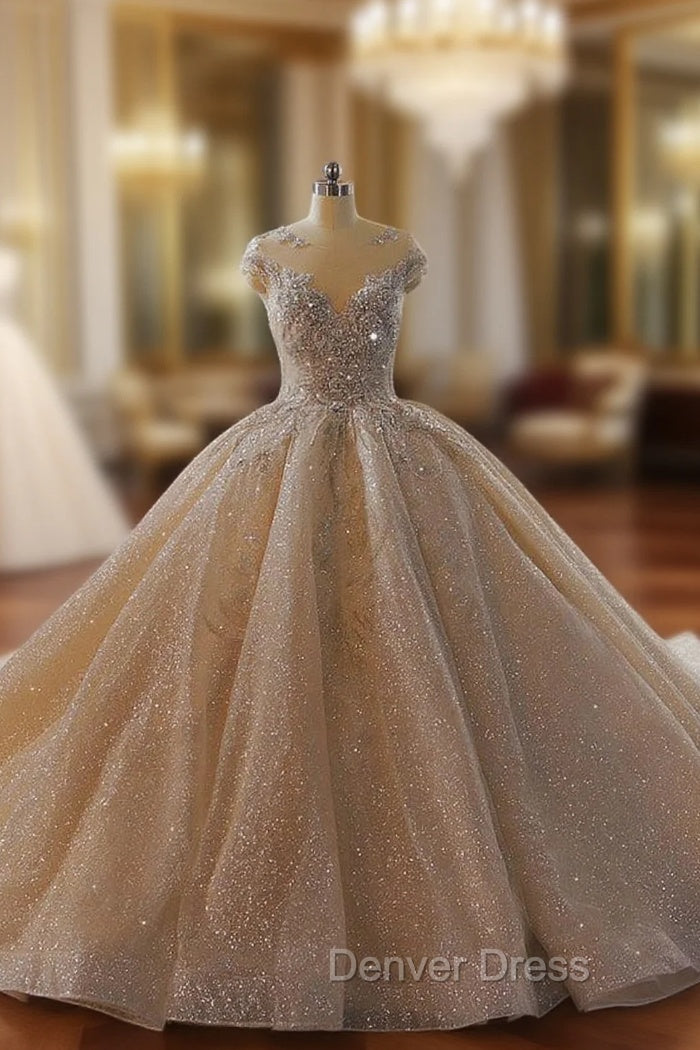 Champagne Sequins Beading Open Back Wedding Dresses Main image