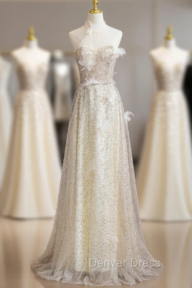 Champagne Sequins Halter 3D Flower Prom Dresses