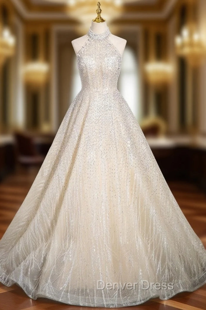Champagne Sequins Halter Backless Beading Prom Dresses