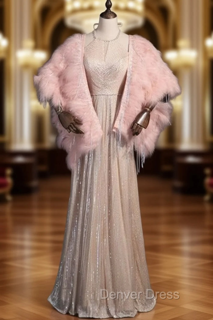 Champagne Sequins Halter Beading Prom With Feather Shawl
