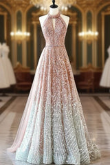 Champagne Sequins Halter Prom Dresses