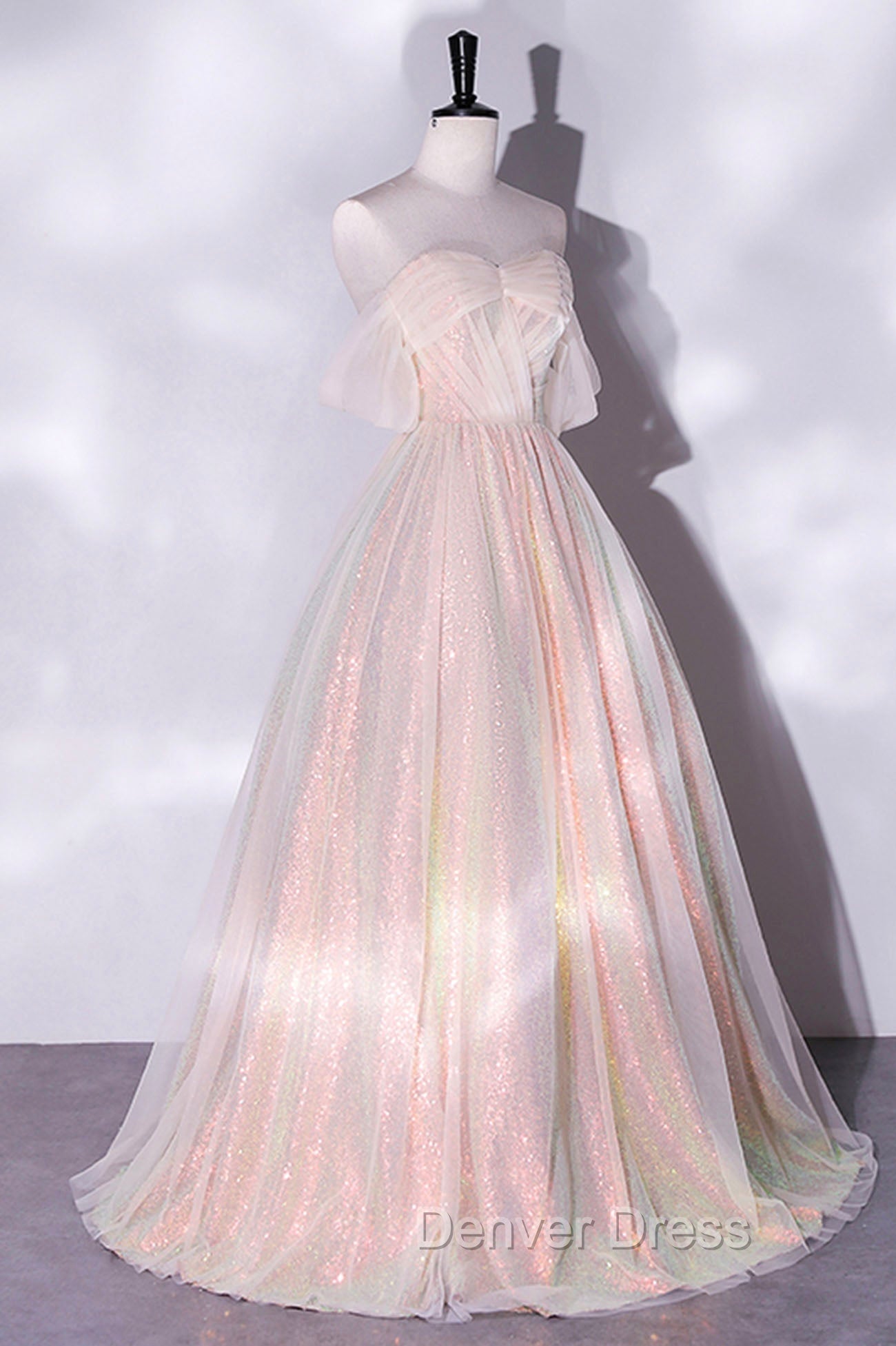 Champagne Sequins Long A-Line Prom Dresses, Off the Shoulder Evening Party Dresses