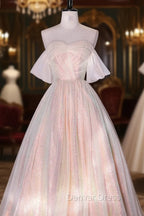 Champagne Sequins Long A-Line Prom Dresses, Off the Shoulder Evening Party Dresses