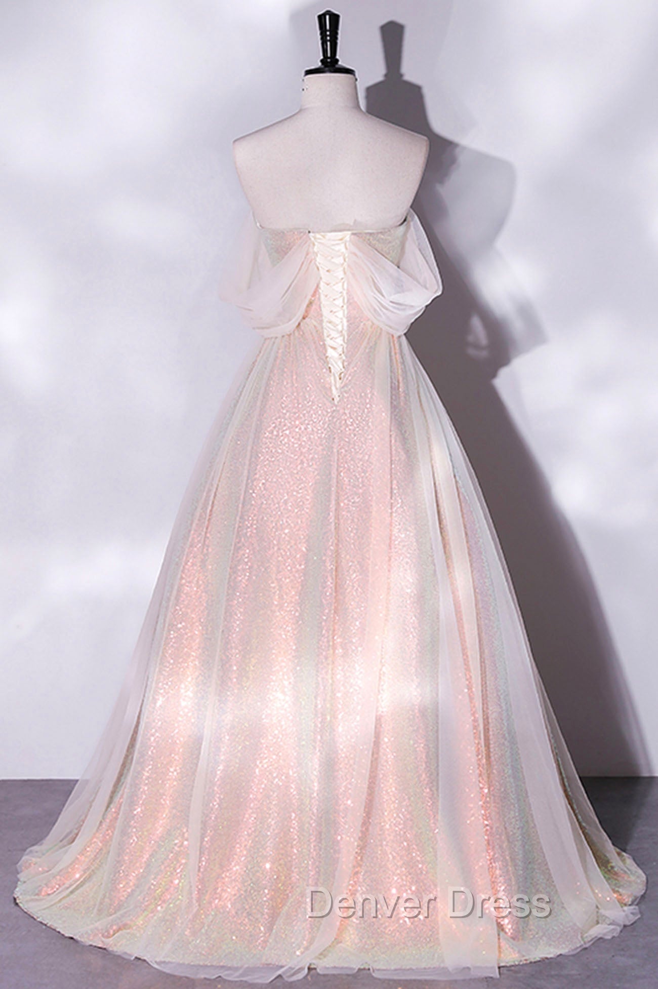 Champagne Sequins Long A Line Prom Dress, Off the Shoulder Prom Dresses