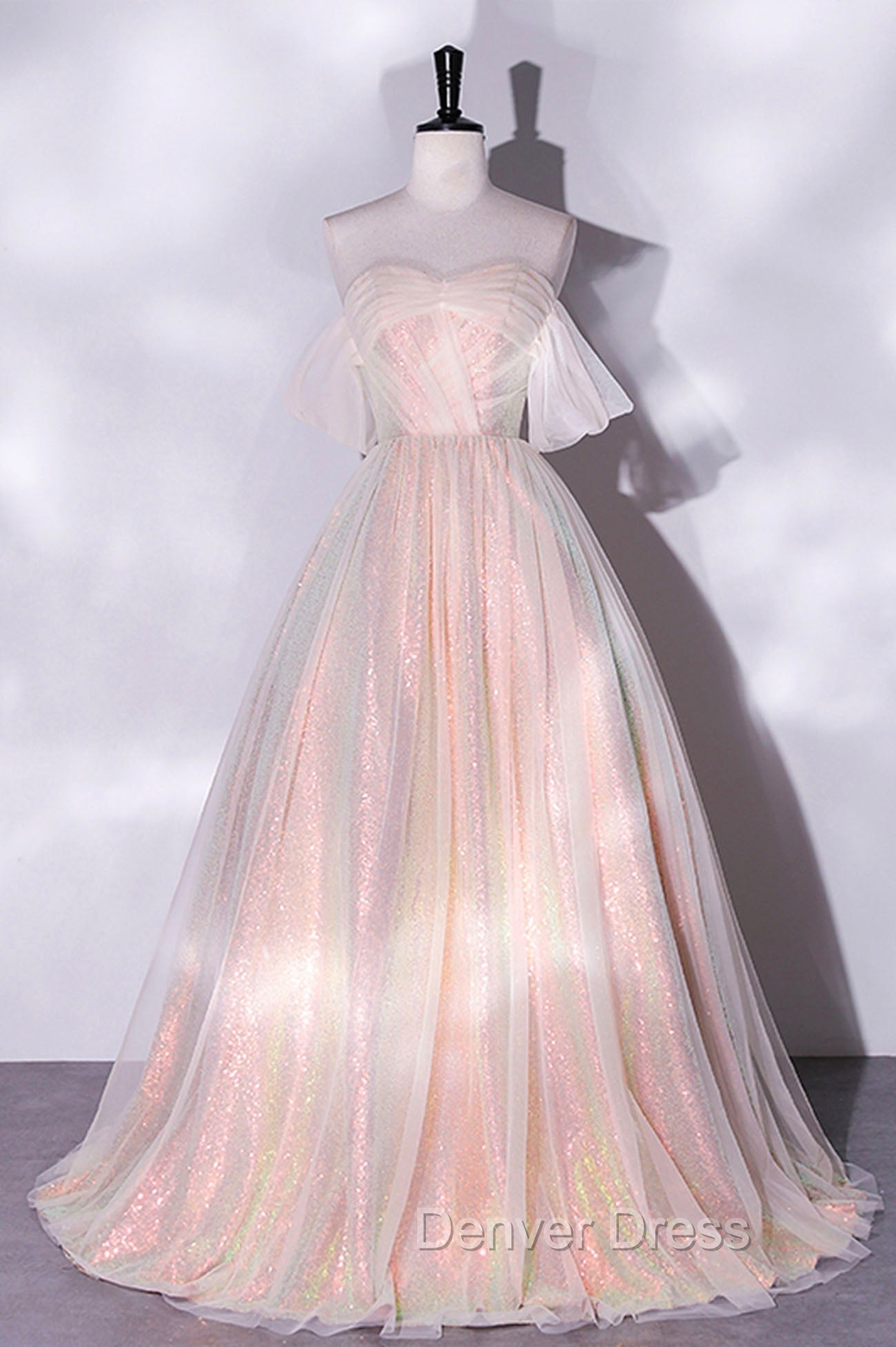 Champagne Sequins Long A Line Prom Dress, Off the Shoulder Prom Dresses