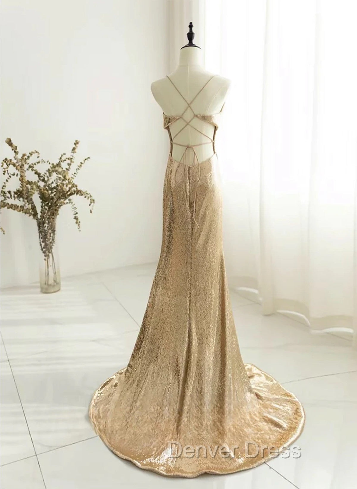 Champagne Sequins Long Prom Dresses, Sequins Champagne Formal Dresses Secondary image