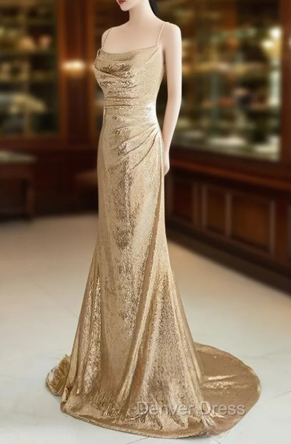 Champagne Sequins Long Prom Dresses, Sequins Champagne Formal Dresses Main image