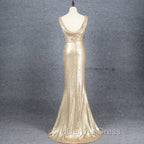 Champagne Sequins Low Back Long Bridesmaid Dresses, Mermaid Prom Dresses Party Dresses