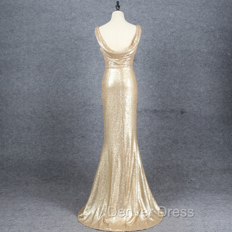Champagne Sequins Low Back Long Bridesmaid Dresses, Mermaid Prom Dresses Party Dresses