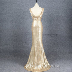 Champagne Sequins Low Back Long Bridesmaid Dresses, Mermaid Prom Dresses Party Dresses