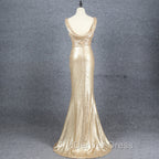 Champagne Sequins Low Back Long Bridesmaid Dress, Mermaid Prom Dress