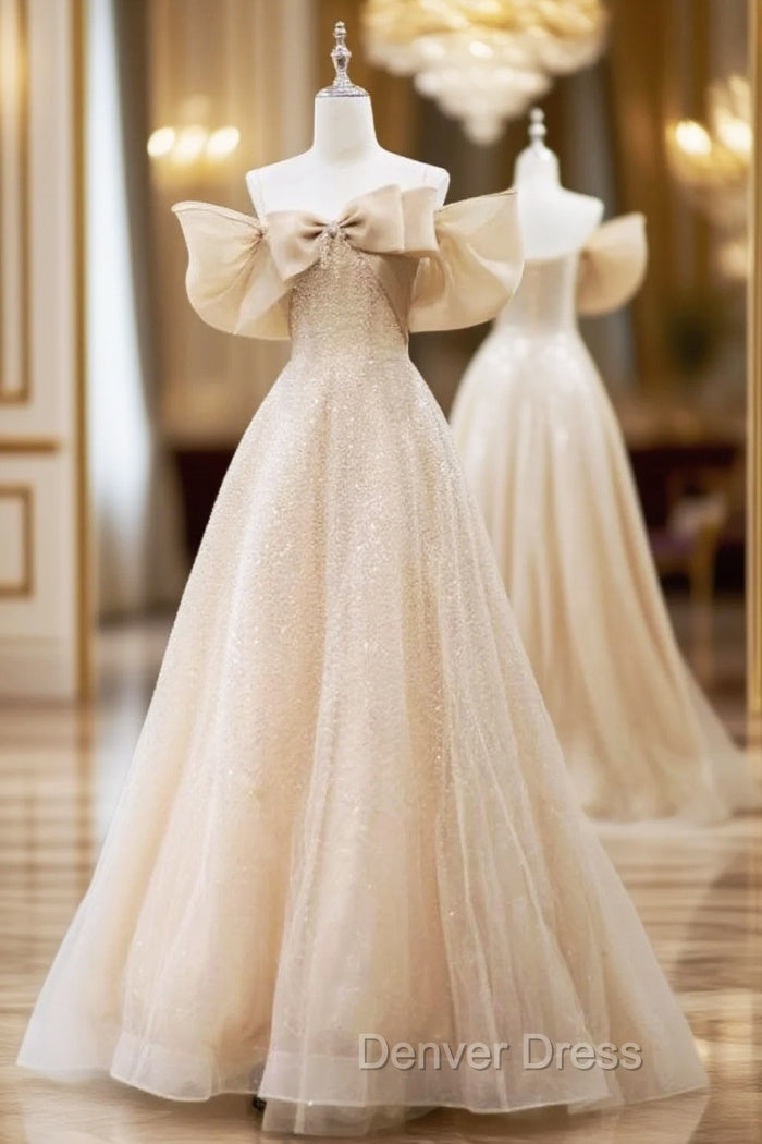 Champagne Sequins Off the Shoulder Bow Prom Dresses Main image