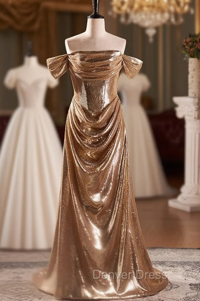 Champagne Sequins Off the Shoulder Pleats Prom Dresses