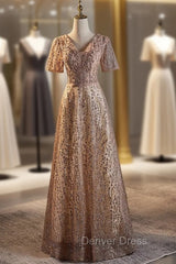 Champagne Sequins Short Sleeve Prom Dresses