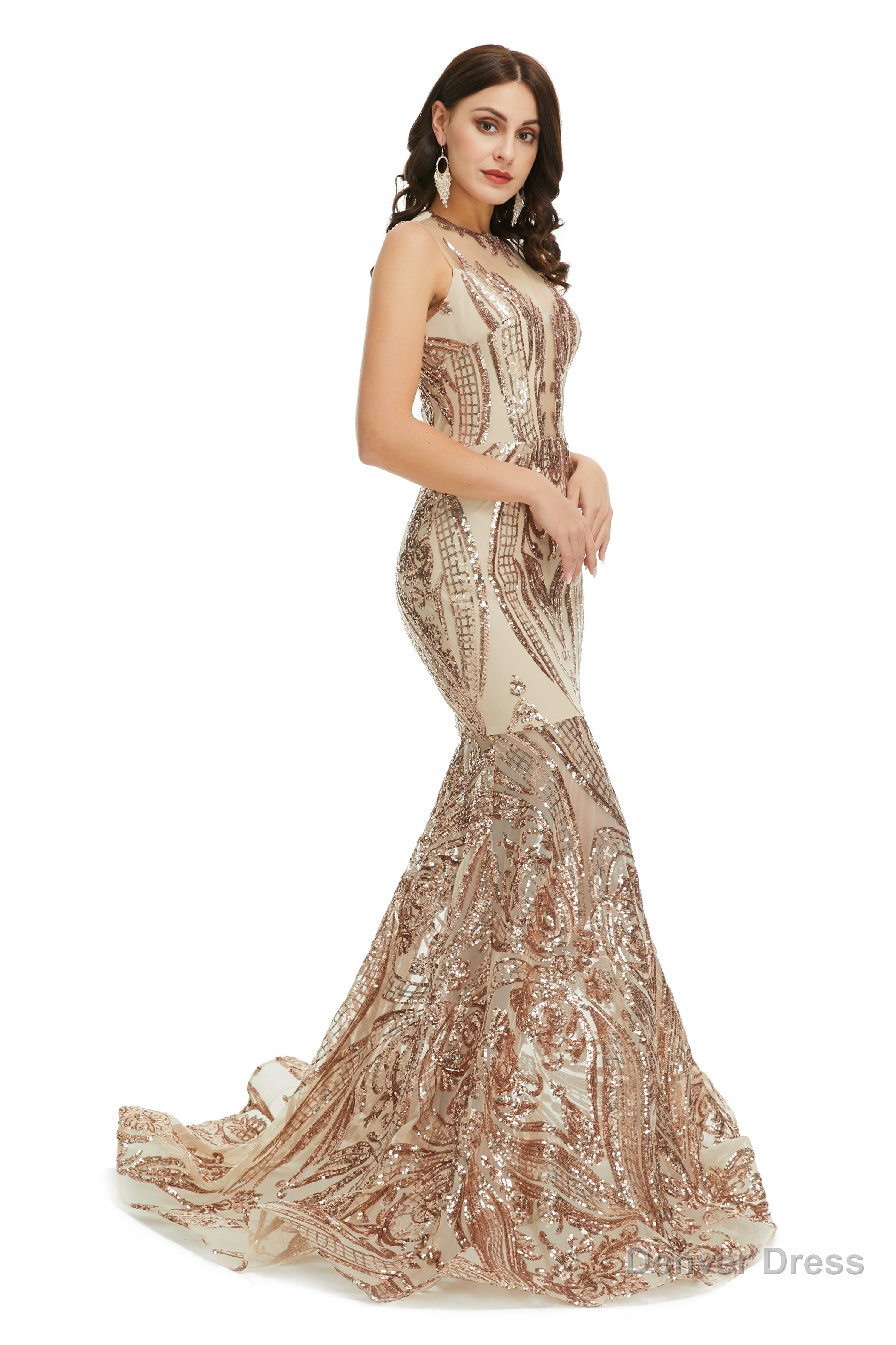 Sequins Sleeveless Floor Length Crew Neck Prom Dresses