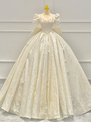 Champagne Sequins Square Puff Sleeve Beading Wedding Dress