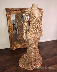 Champagne Sequins V-Neck Long Sleevess Mermaid Prom Dresses