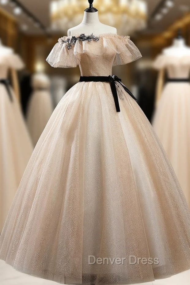Champagne Shiny Tulle Floor Length Prom Dress, Off the Shoulder Prom Dresses