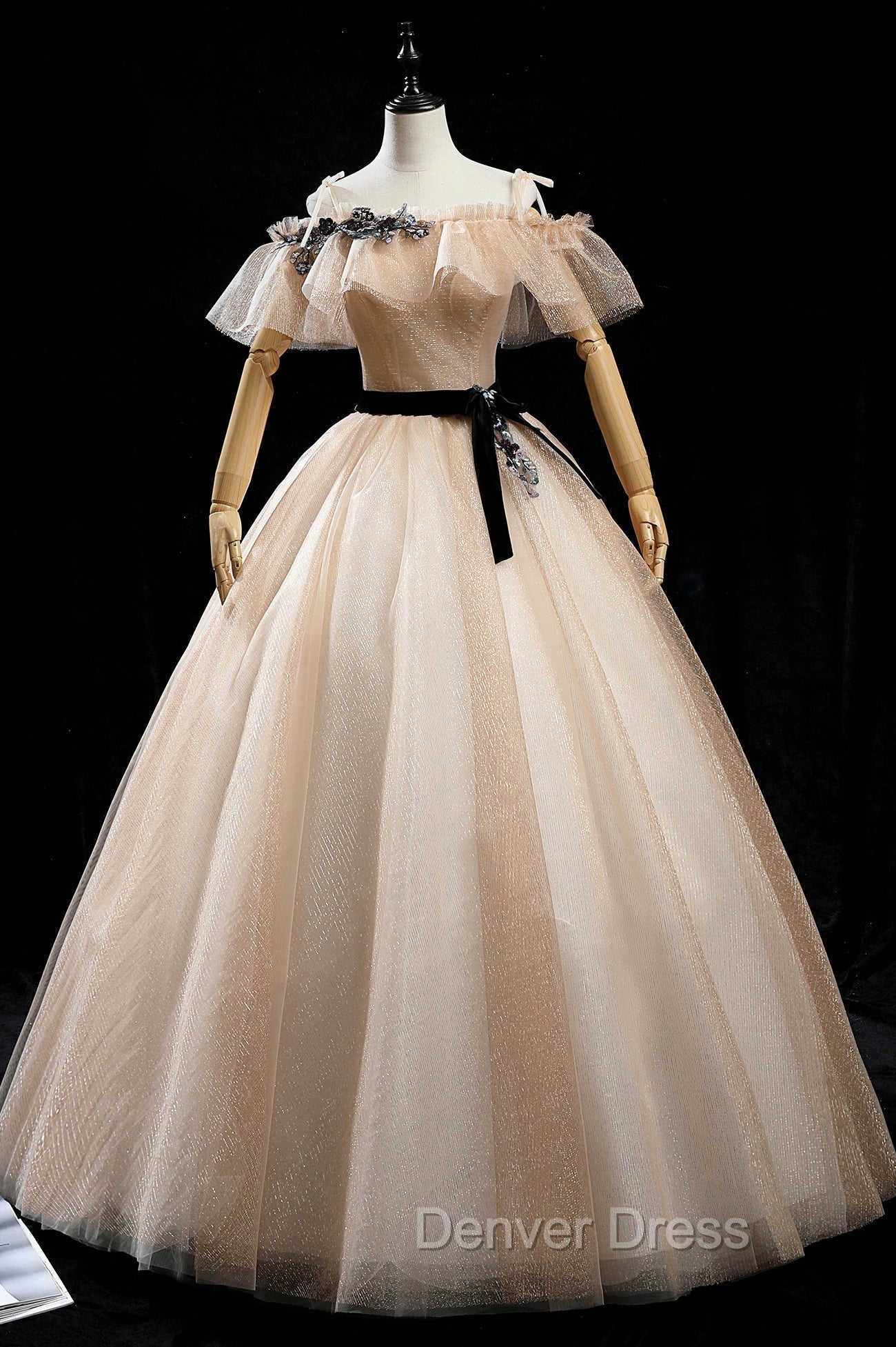 Champagne Shiny Tulle Floor Length Prom Dress, Off the Shoulder Prom Dresses