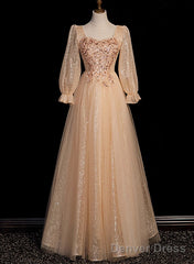 Champagne Short Sleeves Beaded Long Party Dress, A-Line Tulle Prom Dress