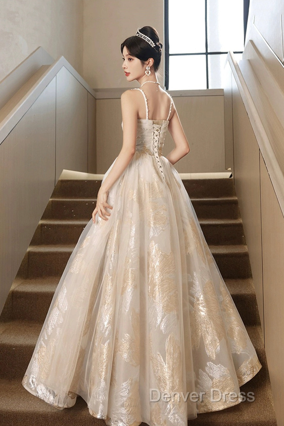 Champagne Spaghetti Strap Tulle Prom Dress, A-Line Sweetheart Neck Prom Dresses Secondary image