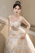 Champagne Spaghetti Strap Tulle Prom Dress, A-Line Sweetheart Neck Prom Dresses