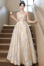 Champagne Spaghetti Strap Tulle Prom Dress, A-Line Sweetheart Neck Prom Dresses