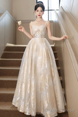 Champagne Spaghetti Strap Tulle Formal Dress, A-Line Sweetheart Neck Evening Party Dress