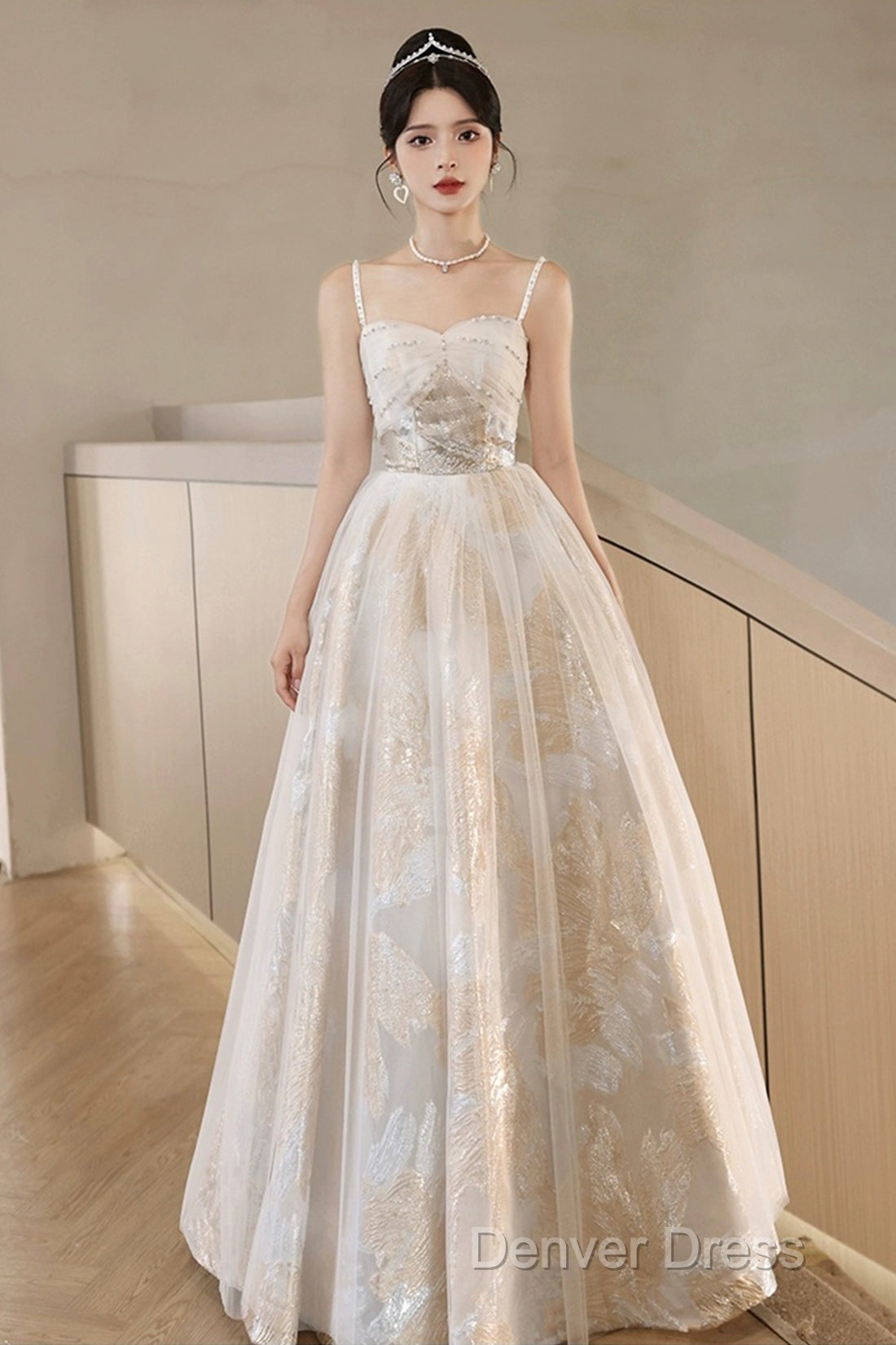 Champagne Spaghetti Strap Tulle Prom Dress, A-Line Sweetheart Neck Prom Dresses