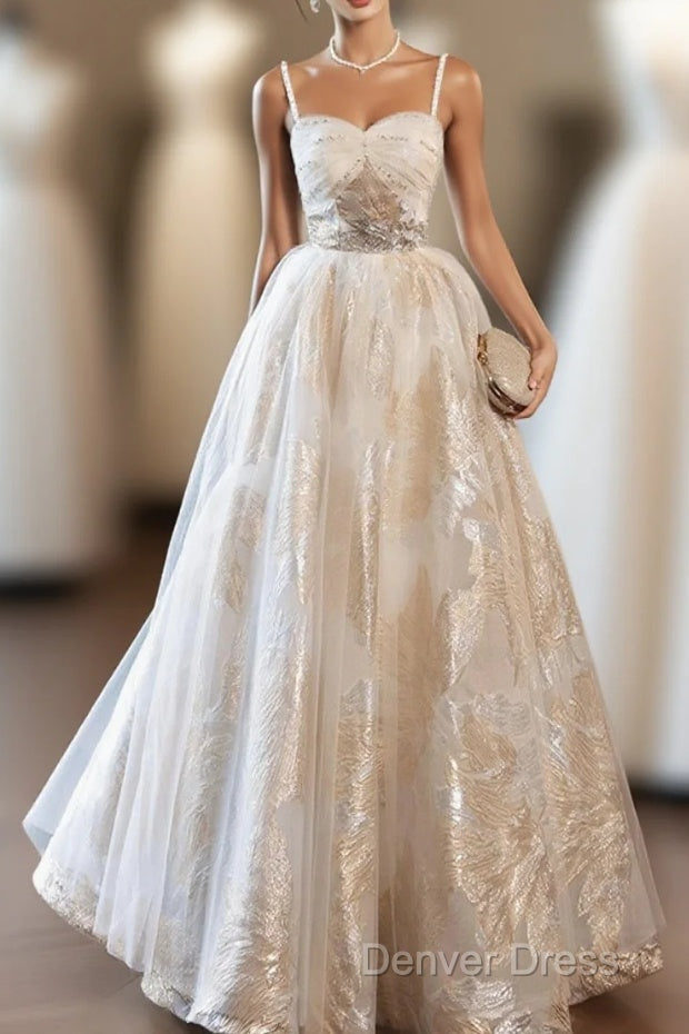 Champagne Spaghetti Strap Tulle Prom Dress, A-Line Sweetheart Neck Prom Dresses Main image